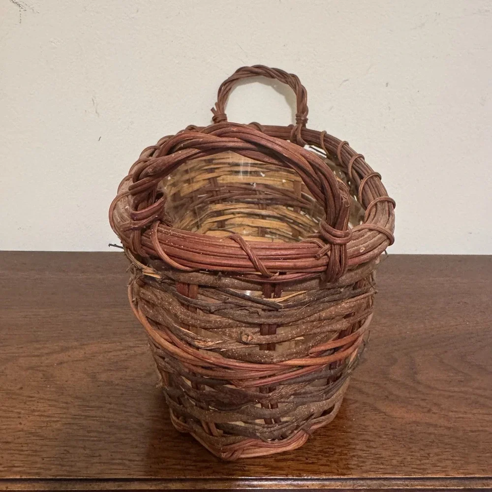 Vintage Rustic Handwoven Twig Vine Oval Basket Planter Plastic Liner Handles